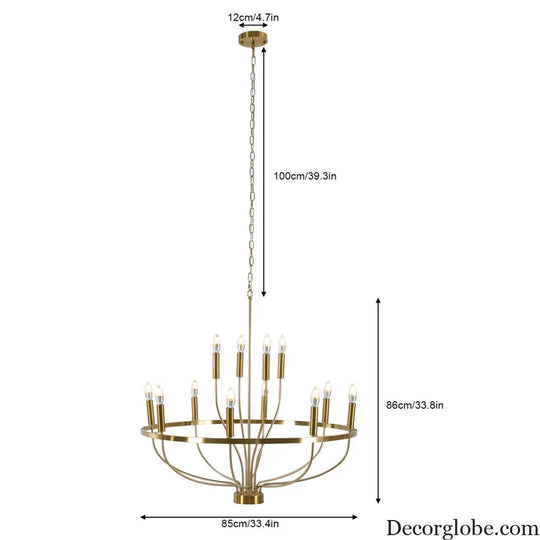 60W Rustic Candle-Style Round Chandelier for Dining Room and Café Gold Chandelier