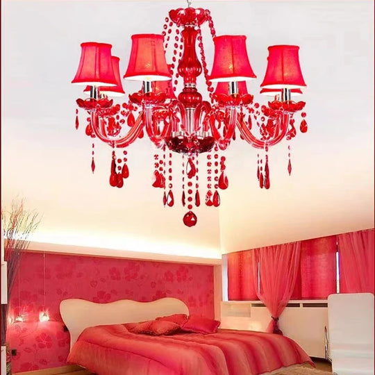 Red Candle Crystal Chandelier with Glass Shades 6 or 8 Head