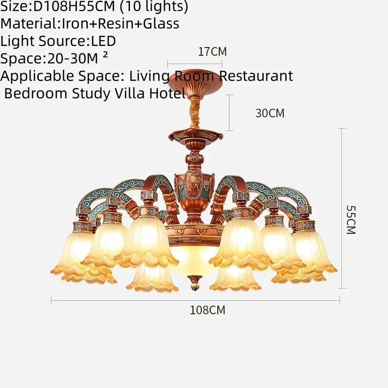 European Luxury Retro Iron Chandelier with Frosted Glass