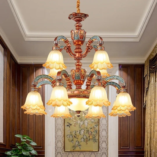 European Luxury Retro Iron Chandelier with Frosted Glass