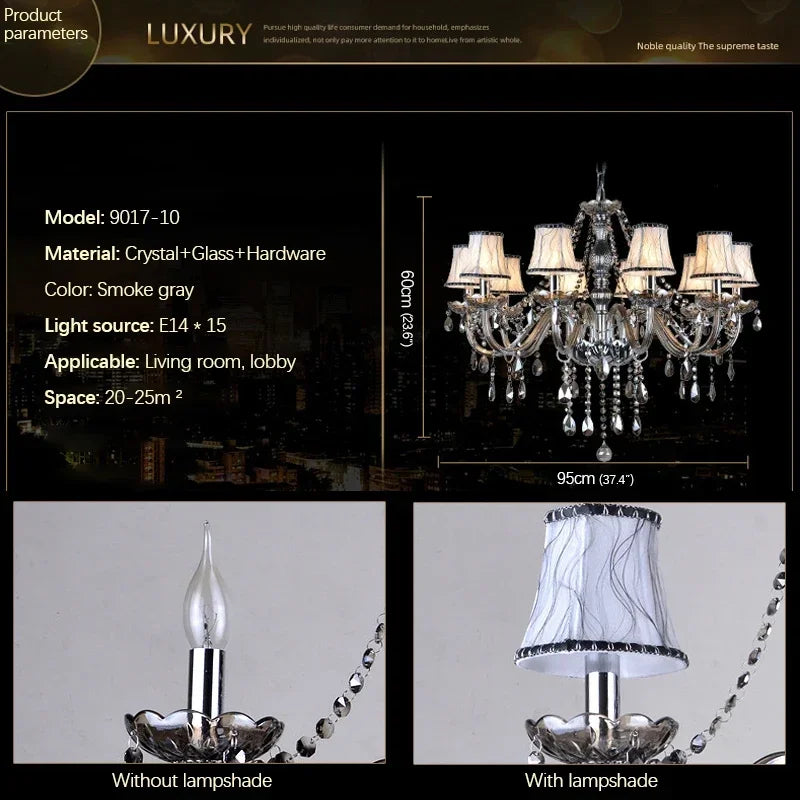 ELARA European Luxury Crystal Pendent Lamp Smoke Gray Living Room Restaurant Bedroom Villa Hotel Western Restaurant Chandelier