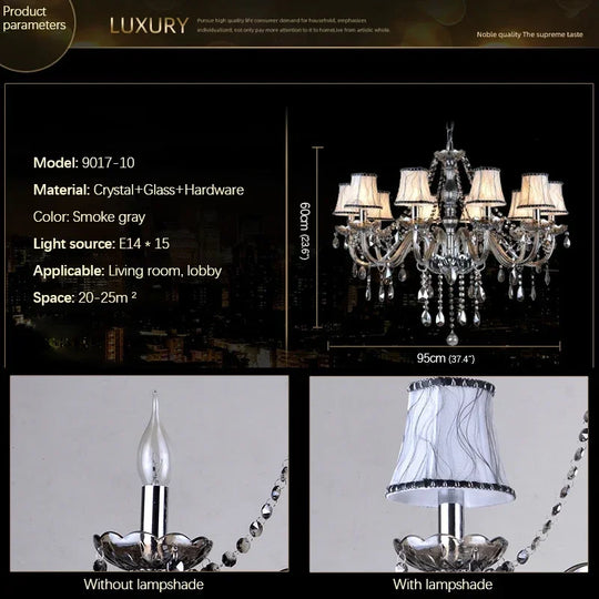 ELARA European Luxury Crystal Pendent Lamp Smoke Gray Living Room Restaurant Bedroom Villa Hotel Western Restaurant Chandelier