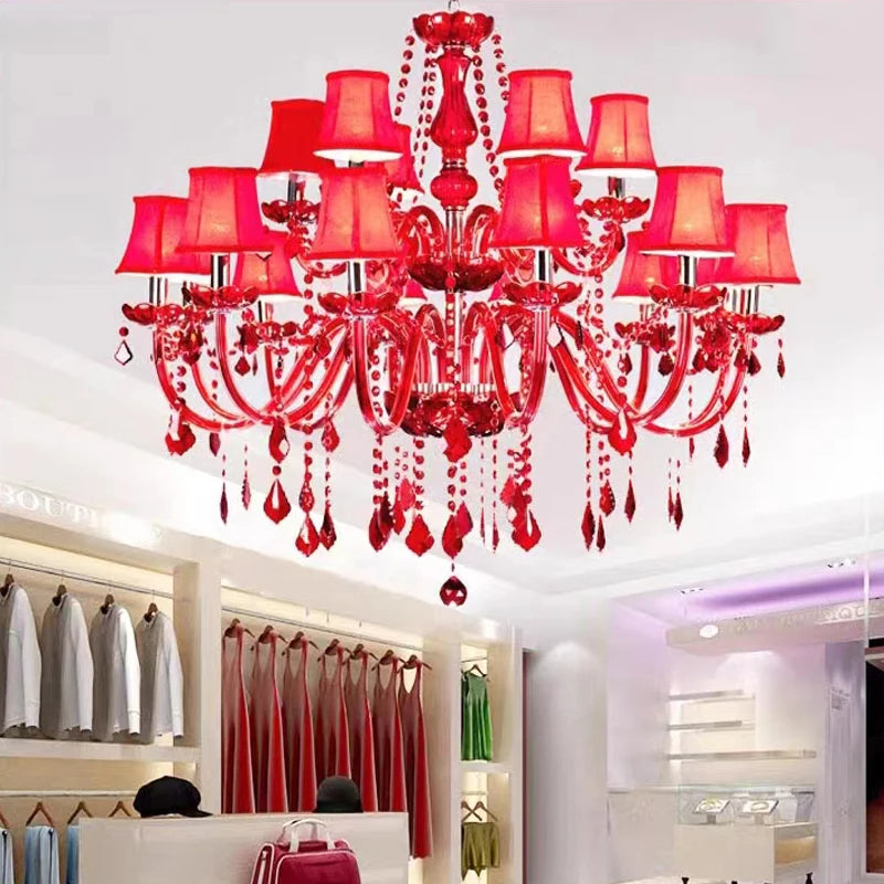 Red Candle Crystal Chandelier with Glass Shades 6 or 8 Head