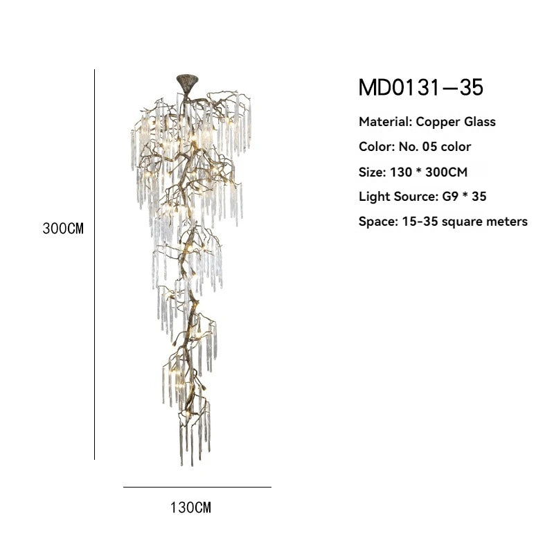 Brass Branch Crystal Pendant Chandelier for Staircase Lighting