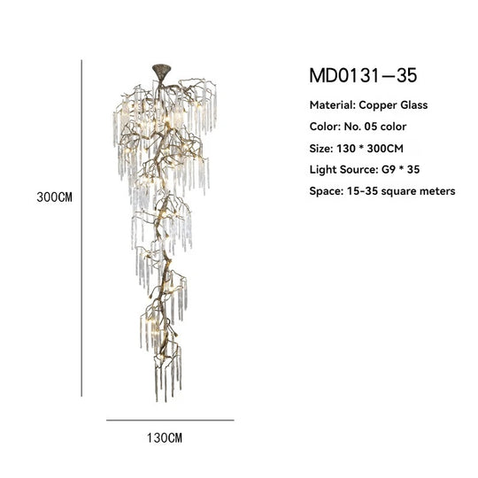 Brass Branch Crystal Pendant Chandelier for Staircase Lighting