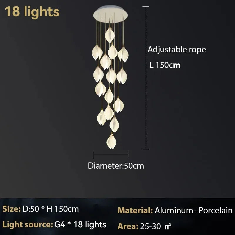 Ceramic Magnolia Chandelier for Staircase and Bedroom Lighting