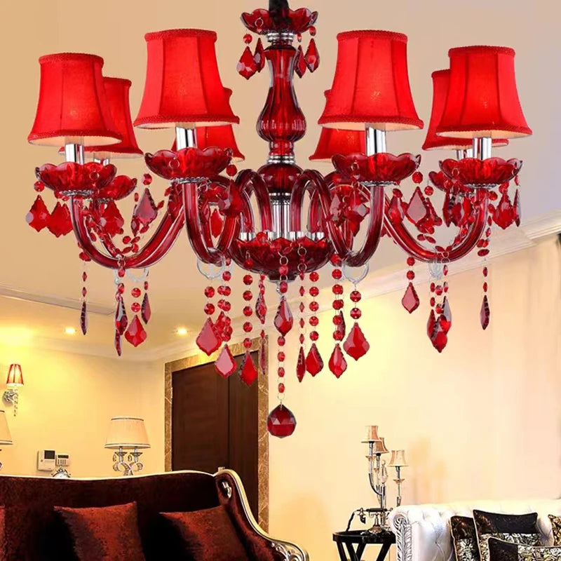 Red Candle Crystal Chandelier with Glass Shades 6 or 8 Head