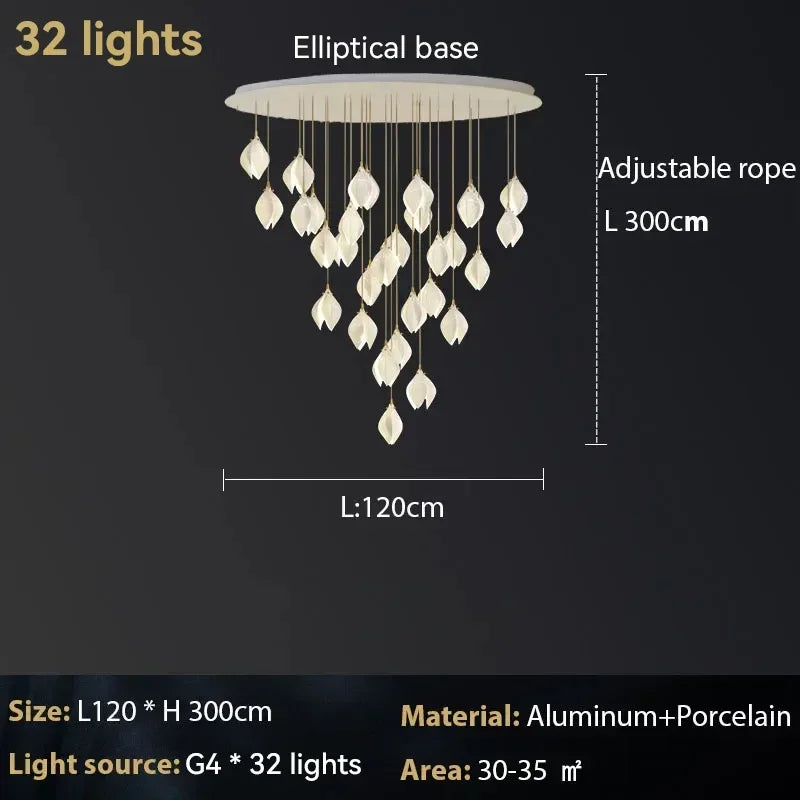 Ceramic Magnolia Chandelier for Staircase and Bedroom Lighting