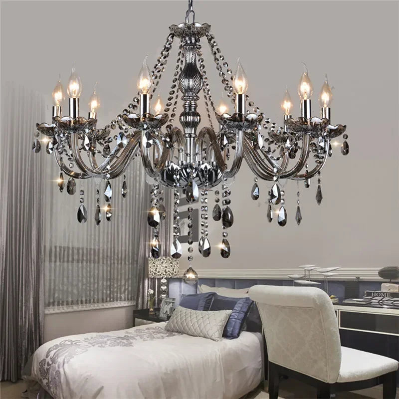 ELARA European Luxury Crystal Pendent Lamp Smoke Gray Living Room Restaurant Bedroom Villa Hotel Western Restaurant Chandelier