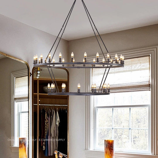 American Wagon Wheel Chandelier – Retro Industrial Candle Pendant Light for Cafe, Restaurant, Bar, and Living Room