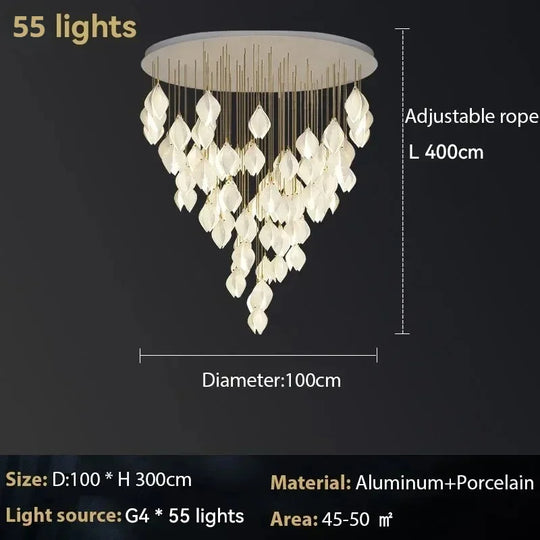 Ceramic Magnolia Chandelier for Staircase and Bedroom Lighting