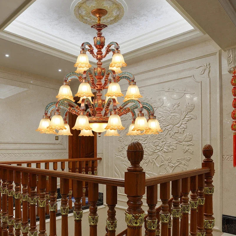 European Luxury Retro Iron Chandelier with Frosted Glass