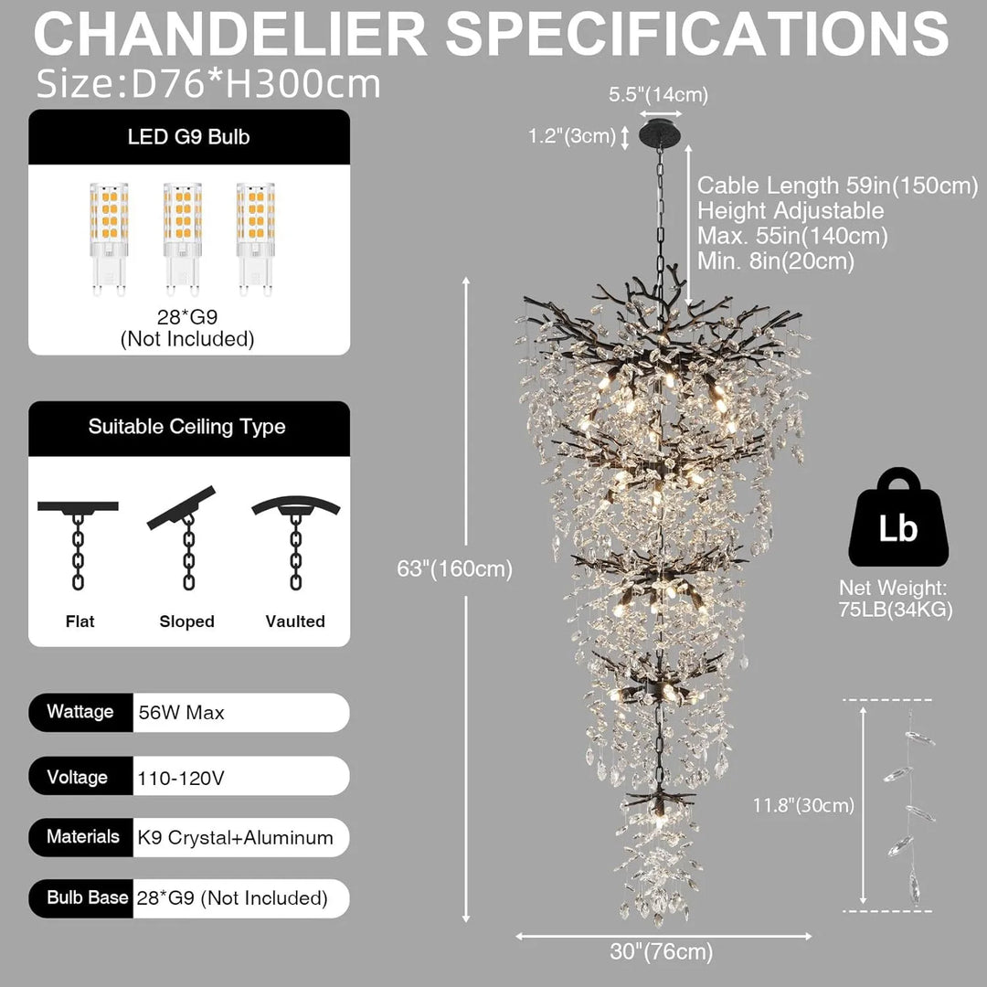 Black Crystal Tree Branch Chandelier for Staircase and Foyer