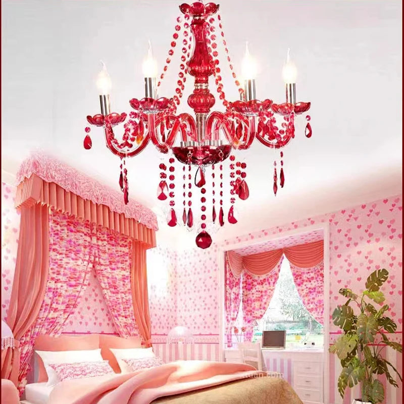 Red Candle Crystal Chandelier with Glass Shades 6 or 8 Head