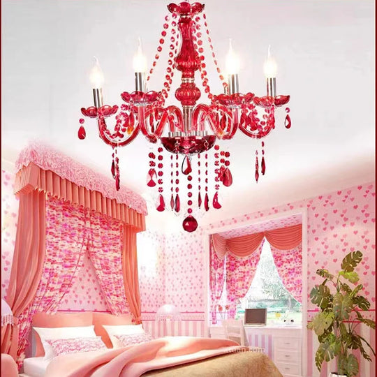 Red Candle Crystal Chandelier with Glass Shades 6 or 8 Head