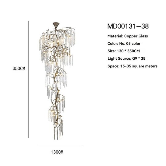 Brass Branch Crystal Pendant Chandelier for Staircase Lighting