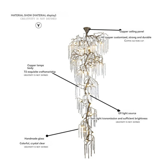 Brass Branch Crystal Pendant Chandelier for Staircase Lighting