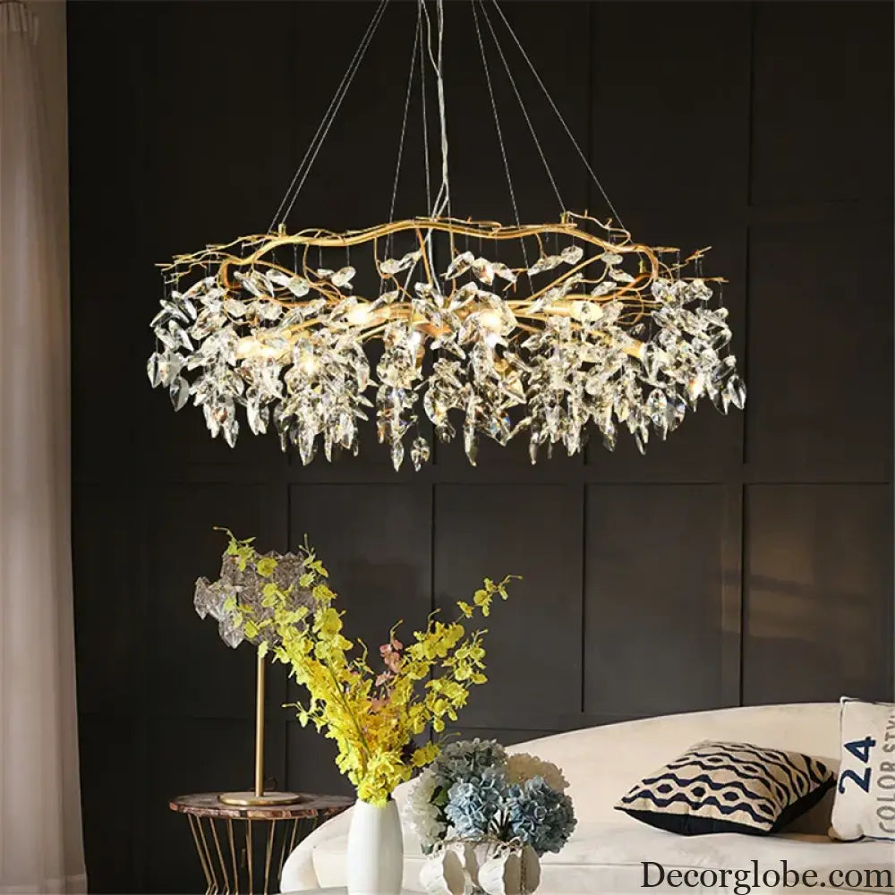 Elegant Long Gold K9 Crystal Chandelier - Ideal for Kitchen, Dining Room, Bedroom, and Living Room Ceiling Lighting, Featuring Branch-Style Chandeliers - DecorGlobe