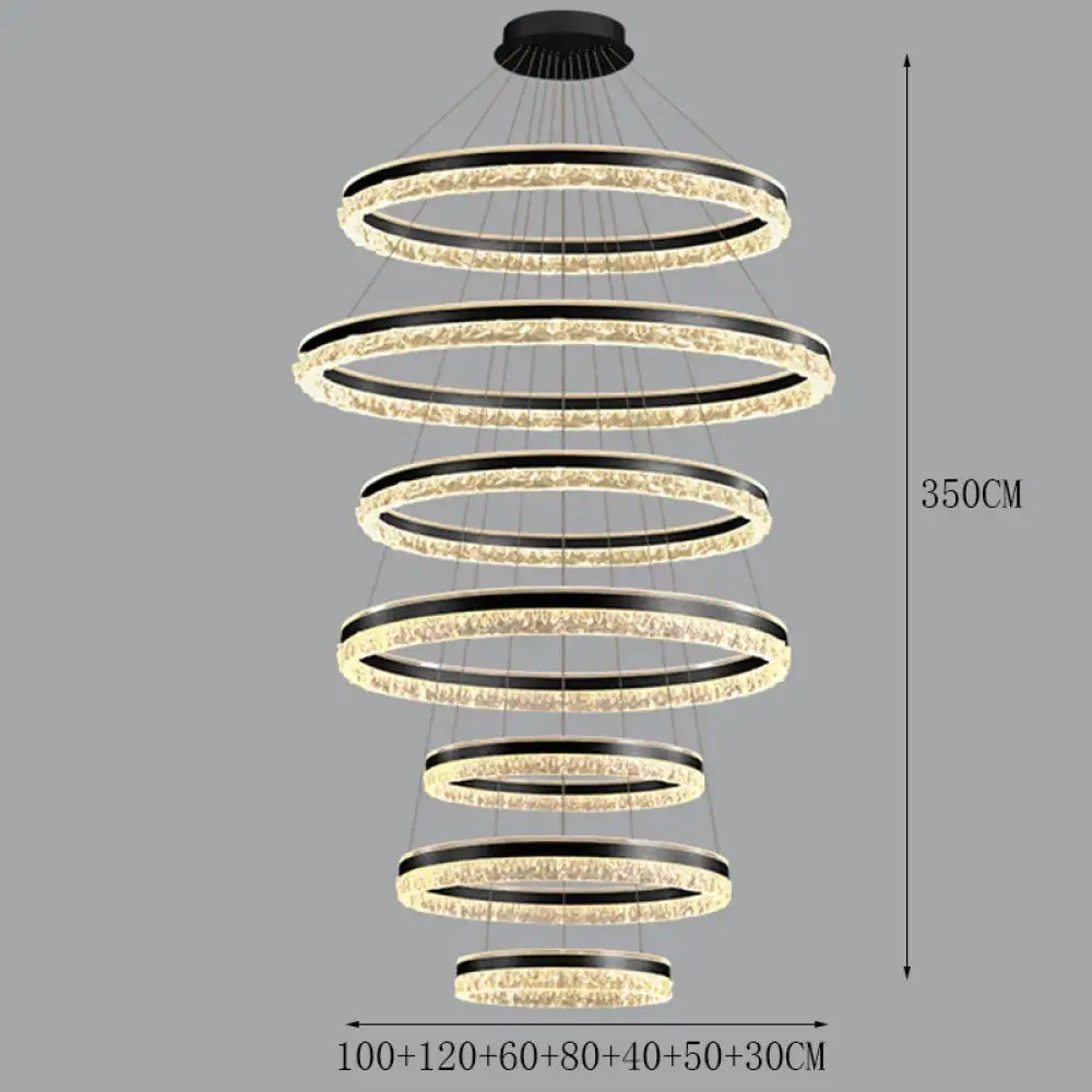 Modern Crystal Stair Pendant Light for Living Room and Hall 7 rings Black / APP with RC Dimmable