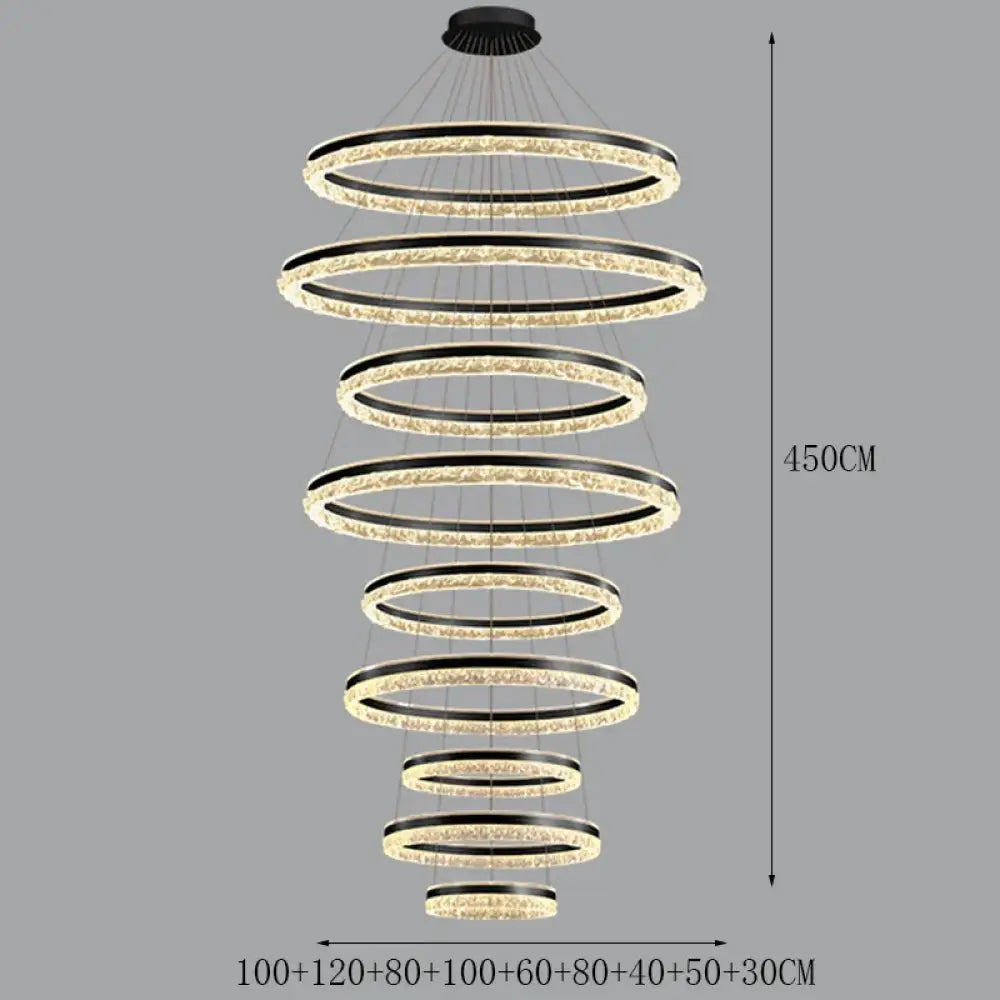 Modern Crystal Stair Pendant Light for Living Room and Hall 9 rings Black / APP with RC Dimmable