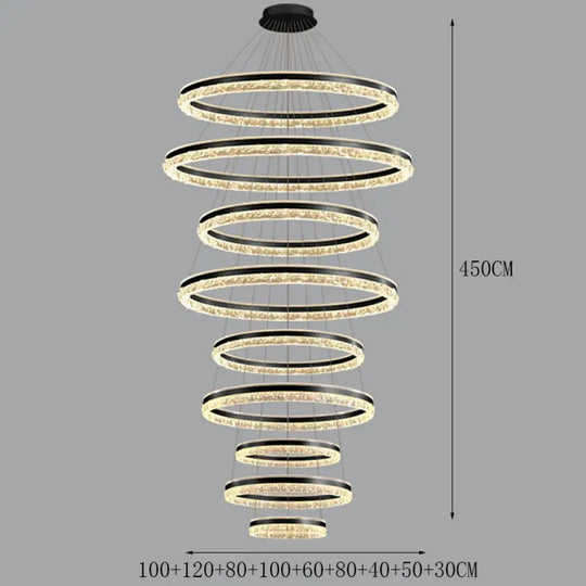 Modern Crystal Stair Pendant Light for Living Room and Hall 9 rings Black / APP with RC Dimmable