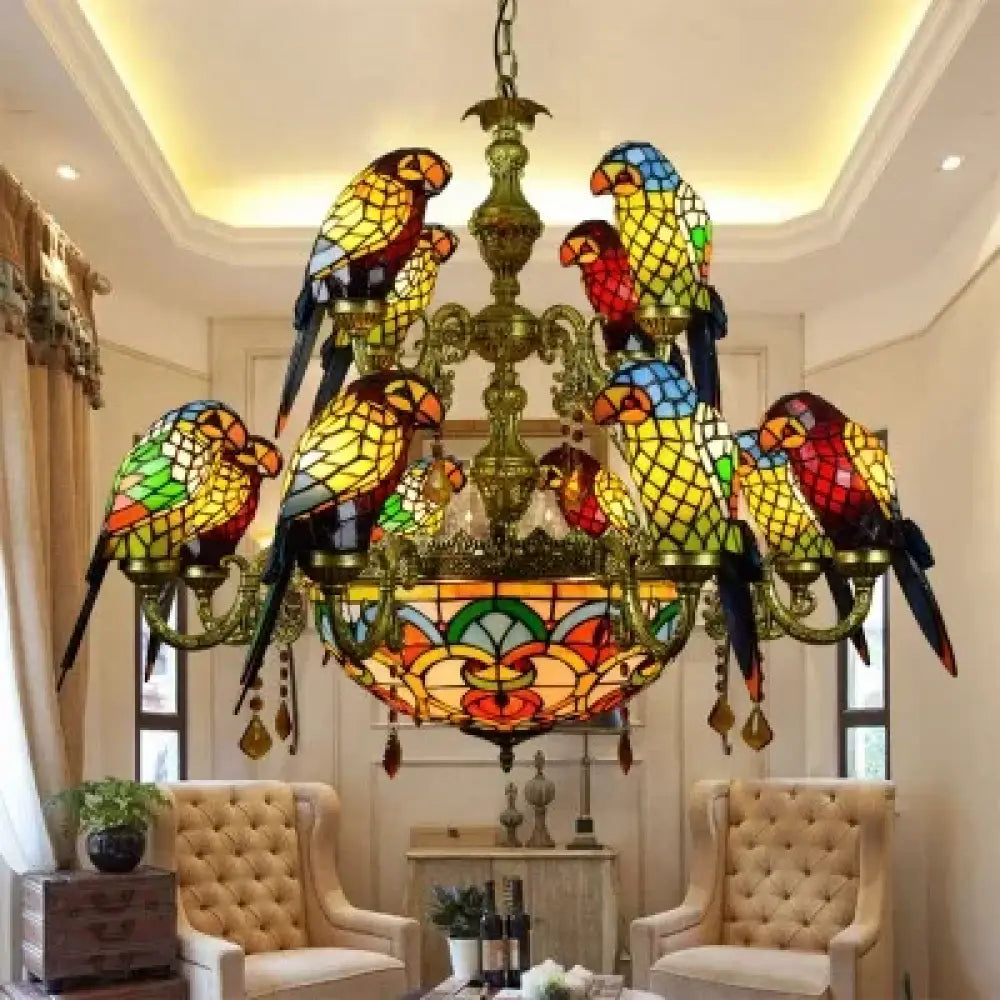 Art Deco Tiffany style Parrot Stained Glass Chandelier 12parrot 15light Chandelier