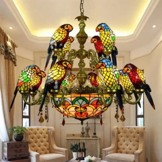 Art Deco Tiffany style Parrot Stained Glass Chandelier 12parrot 15light Chandelier