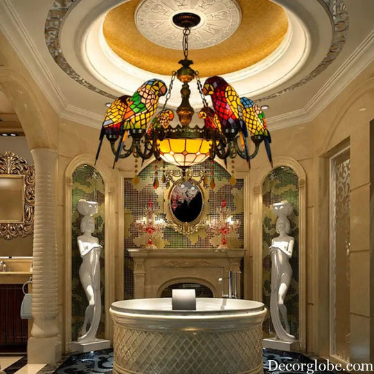 Art Deco Tiffany style Parrot Stained Glass Chandelier Chandelier
