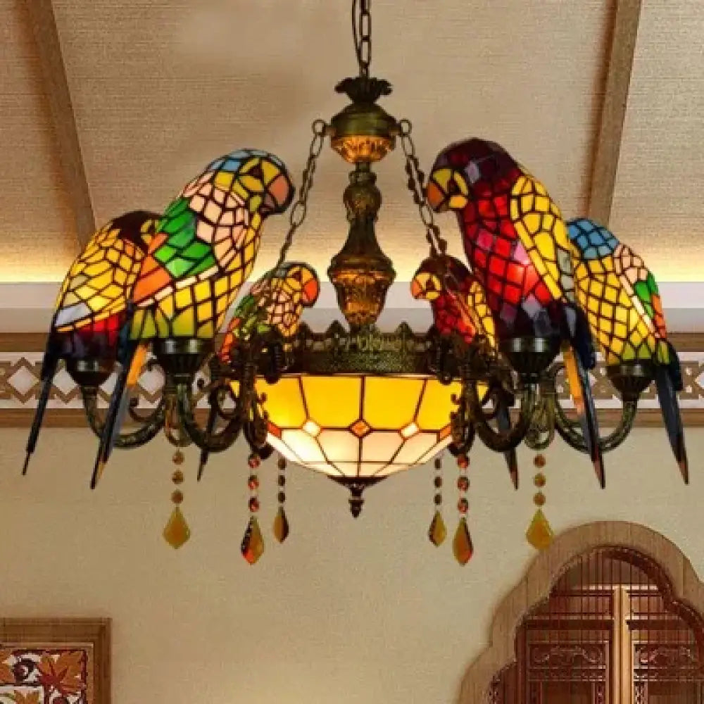 Art Deco Tiffany style Parrot Stained Glass Chandelier 6 parrot 8light A Chandelier