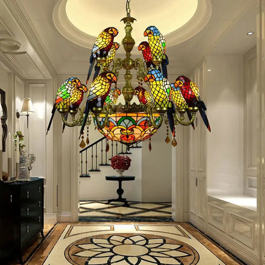 Art Deco Tiffany style Parrot Stained Glass Chandelier Chandelier