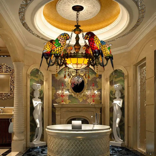 Art Deco Tiffany style Parrot Stained Glass Chandelier Chandelier