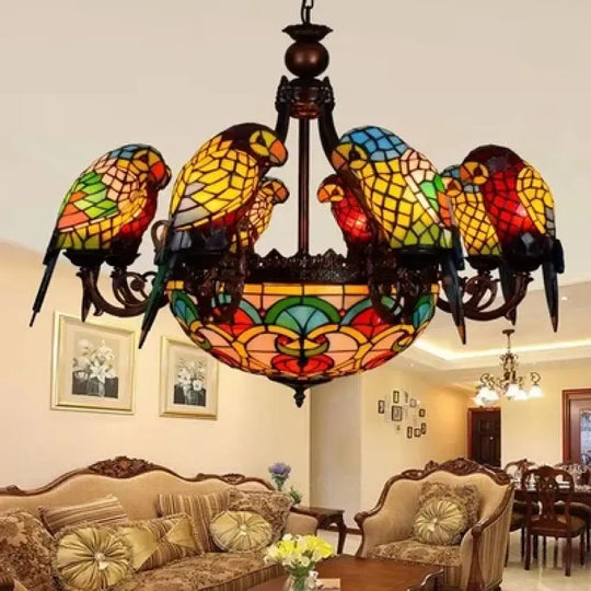 Art Deco Tiffany style Parrot Stained Glass Chandelier 8parrot 11light A Chandelier