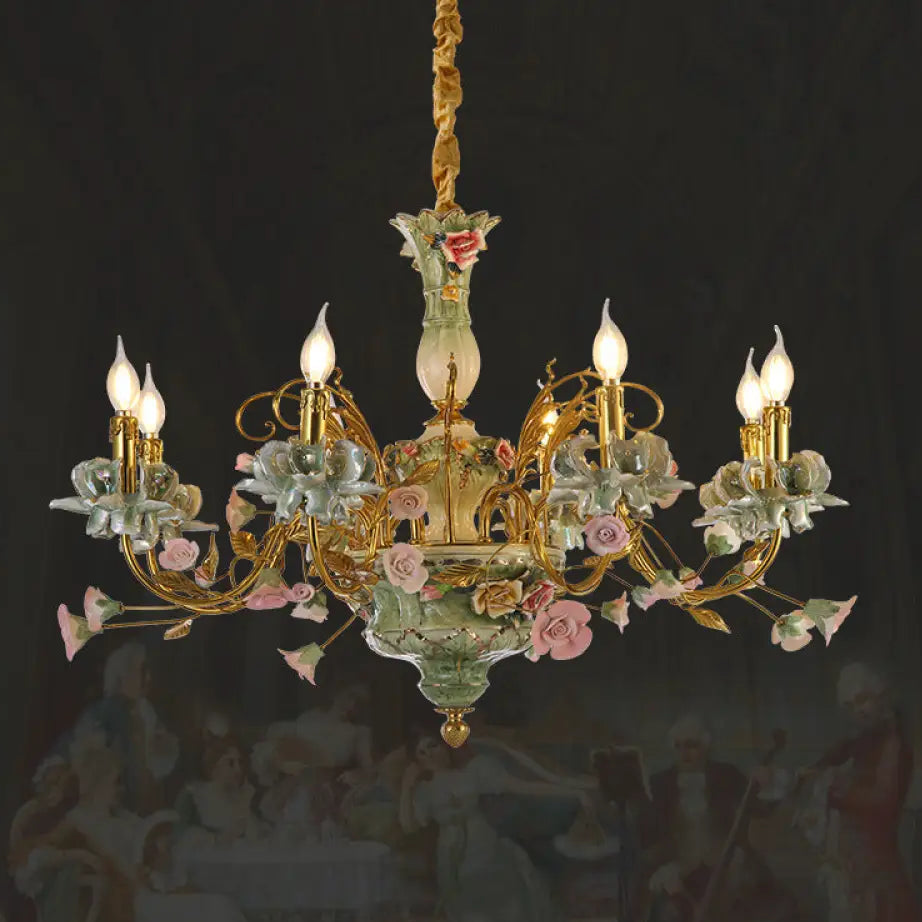 French Pastoral Crystal Ceramic Copper Chandelier