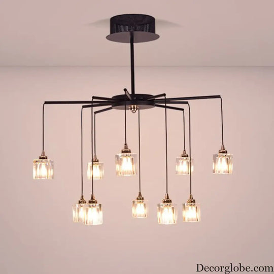 Modernist Radial Ceiling Chandelier - 10 Lights with Black Finish Metal Pendant and Clear Crystal Cube Shade Black