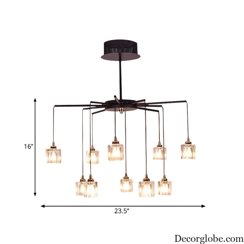 Modernist Radial Ceiling Chandelier - 10 Lights with Black Finish Metal Pendant and Clear Crystal Cube Shade Black