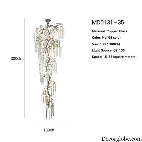 Brass Branch Crystal Pendant Chandelier for Staircase Lighting Chandelier