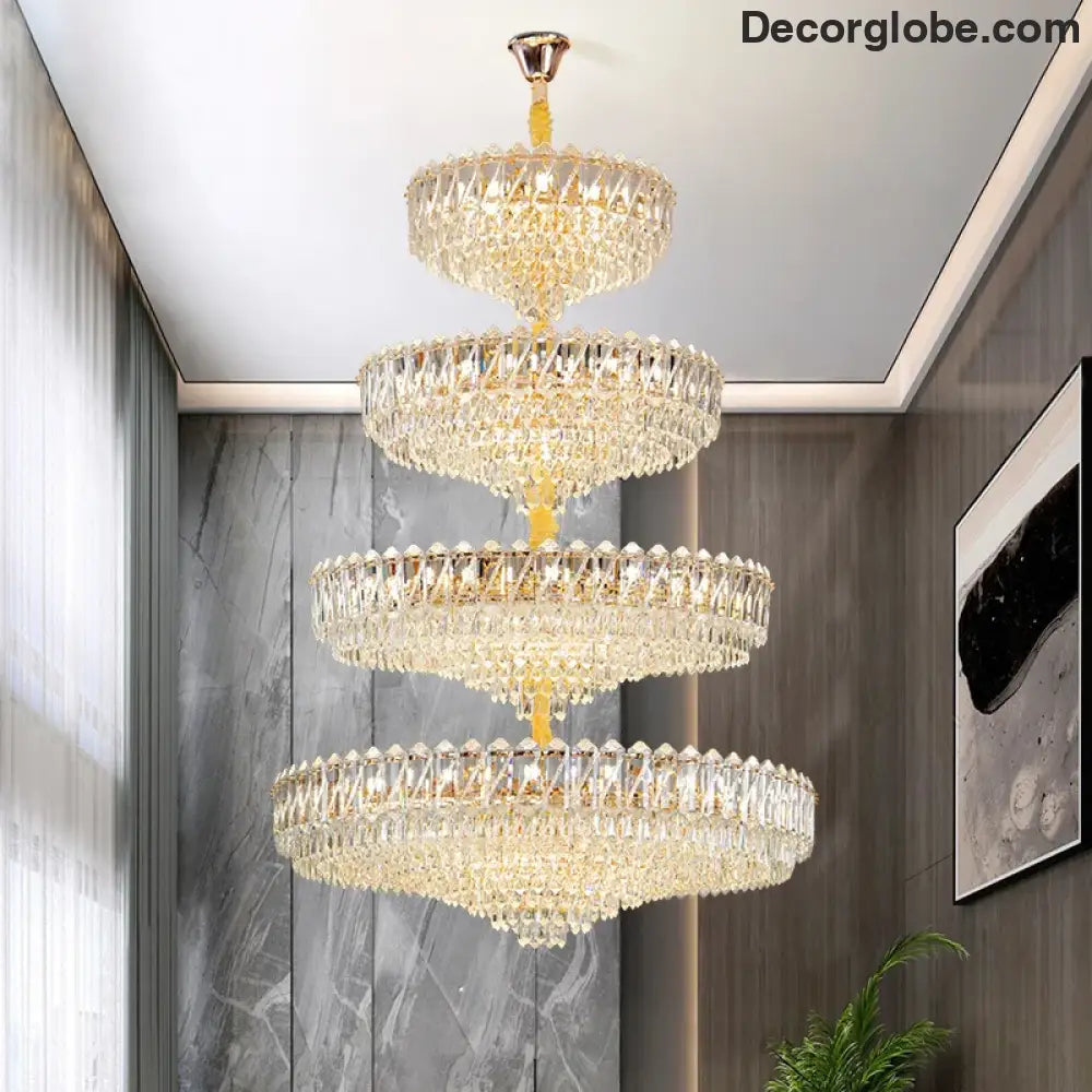 Camille French Luxury Long Crystal Chandelier Gold LED Grand Lobby Light Chandelier