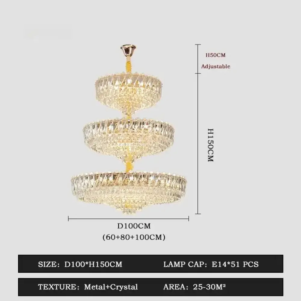 Camille French Luxury Long Crystal Chandelier Gold LED Grand Lobby Light 3 levels-D100xH150CM / neutral light 4000k