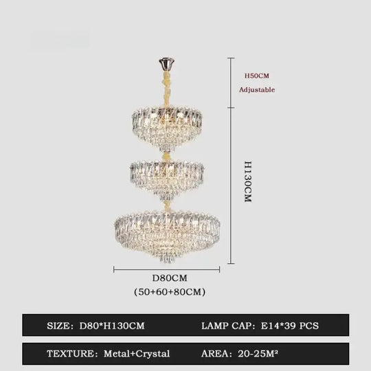 Camille French Luxury Long Crystal Chandelier Gold LED Grand Lobby Light 3 levels-D80xH130CM / neutral light 4000k