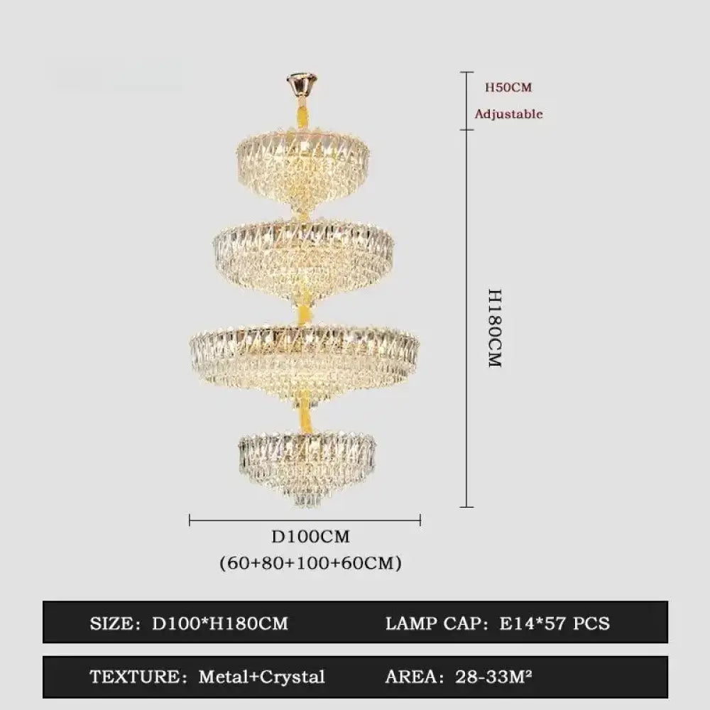 Camille French Luxury Long Crystal Chandelier Gold LED Grand Lobby Light 4 levels-D100xH180CM / neutral light 4000k