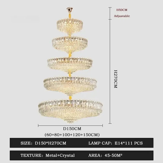 Camille French Luxury Long Crystal Chandelier Gold LED Grand Lobby Light 5 levels-D150xH270CM / neutral light 4000k