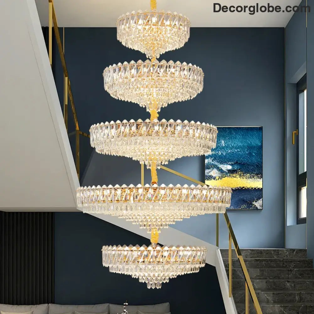 Camille French Luxury Long Crystal Chandelier Gold LED Grand Lobby Light Chandelier