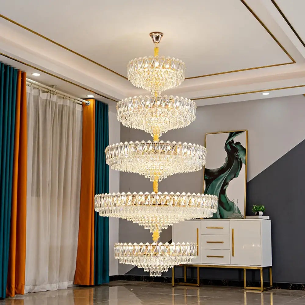 Camille French Luxury Long Crystal Chandelier Gold LED Grand Lobby Light Chandelier