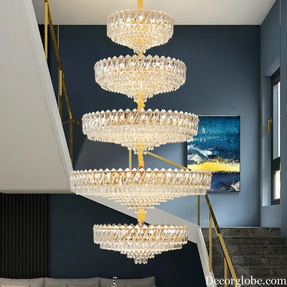 Camille French Luxury Long Crystal Chandelier Gold LED Grand Lobby Light Chandelier