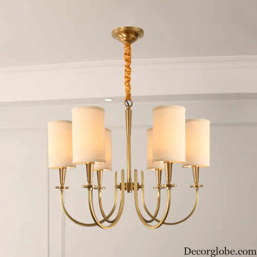 Classic White Cylindrical Pendant Chandelier - 6 Lights Fabric Shade - Perfect for Living Room Lighting White