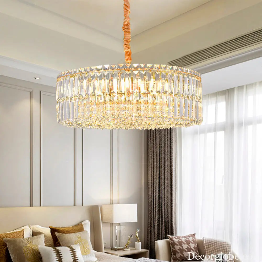 Contemporary Gold Drum Chandelier Light | 6/8 Lights | Rectangular-Cut Crystal | Ceiling Hanging Light 19.5’’/23.5’’