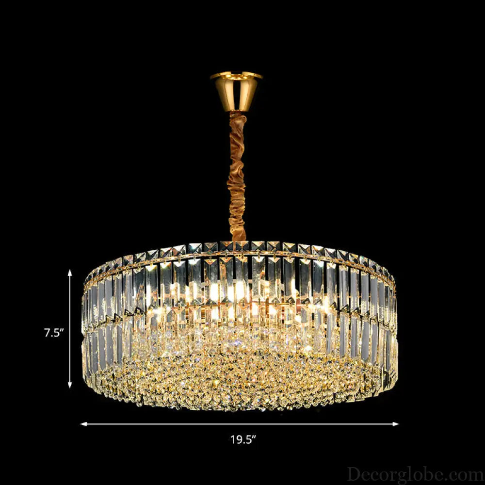 Contemporary Gold Drum Chandelier Light | 6/8 Lights | Rectangular-Cut Crystal | Ceiling Hanging Light 19.5’’/23.5’’