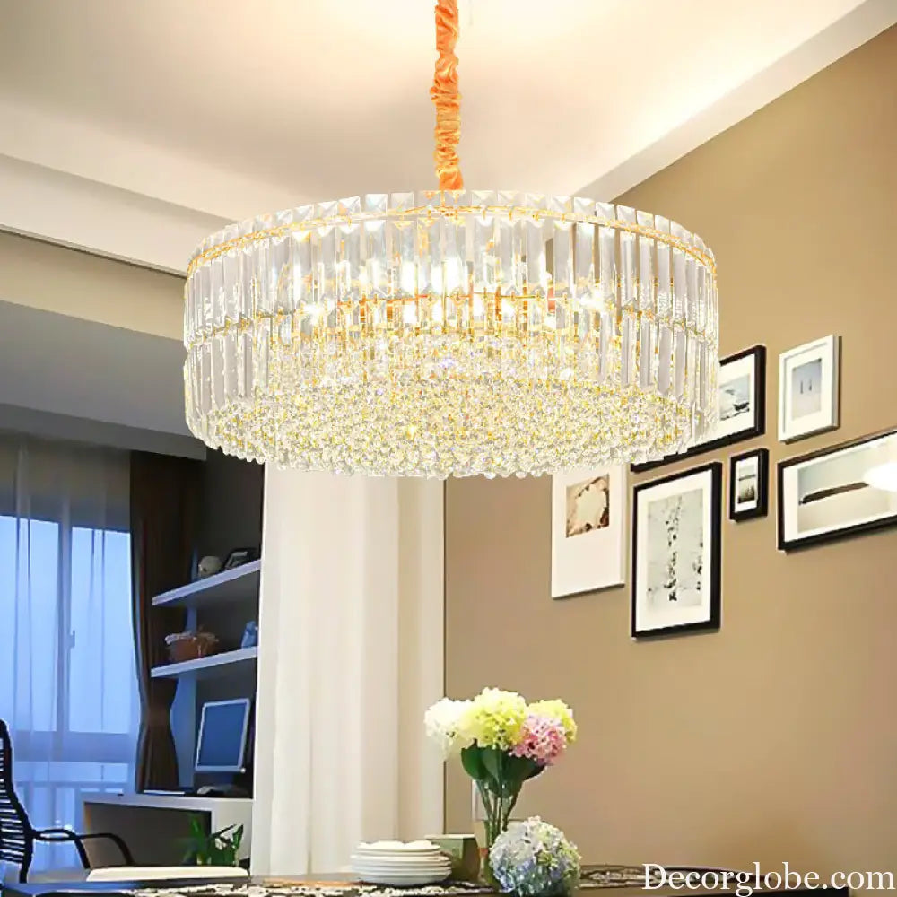 Contemporary Gold Drum Chandelier Light | 6/8 Lights | Rectangular-Cut Crystal | Ceiling Hanging Light 19.5’’/23.5’’