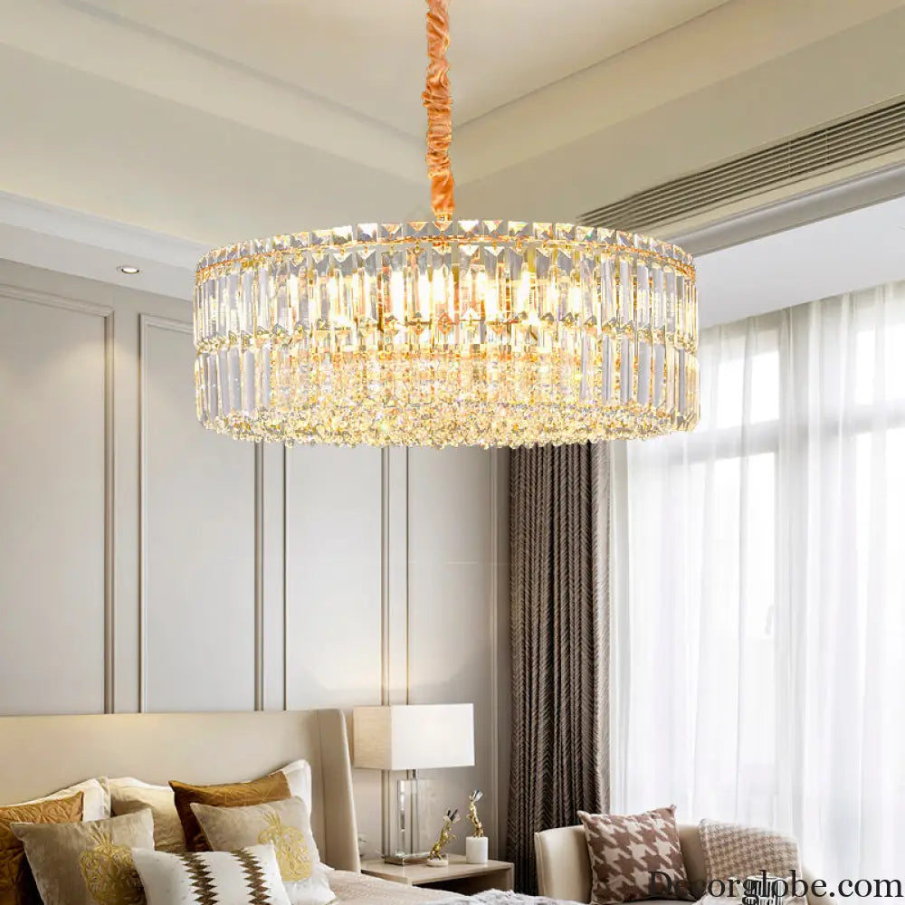 Contemporary Gold Drum Chandelier Light | 6/8 Lights | Rectangular-Cut Crystal | Ceiling Hanging Light 19.5’’/23.5’’