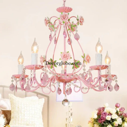 Contemporary Pink Ceiling Chandelier - E14 LED Lighting with Crystal, Iron, and Ceramic Accents - DecorGlobe